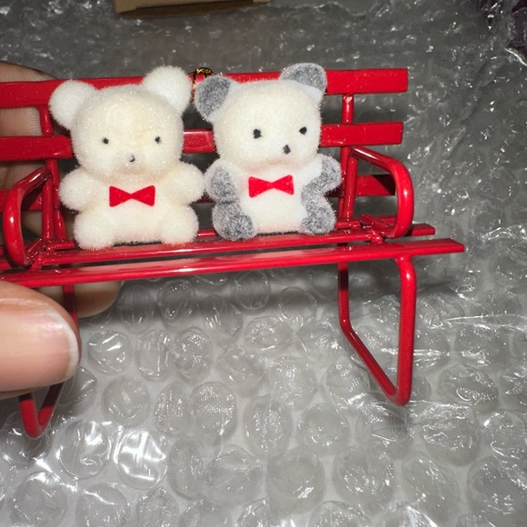 Avon Teddy Bear Collection Ornaments on bench with Red Bows - Picture 9 of 16